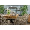 2.4m Reclaimed Teak Urban Fusion Cross Dining Table with One Backless Bench and 3 Scandi Armchairs - 5