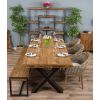 2.4m Reclaimed Teak Urban Fusion Cross Dining Table with One Backless Bench and 3 Scandi Armchairs - 0