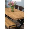 2.4m Reclaimed Teak Urban Fusion Cross Dining Table with One Backless Bench and 4 Velveteen Ring Back Dining Chairs - 9