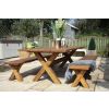 2.4m Reclaimed Teak Outdoor Open Slatted Cross Leg Table with 2 Backless Benches - 1