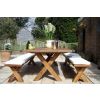 2.4m Reclaimed Teak Outdoor Open Slatted Cross Leg Table with 2 Backless Benches - 10