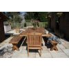 3m Reclaimed Teak Outdoor Open Slatted Cross Leg Table with 2 Backless Benches & 2 Marley Armchairs - 3