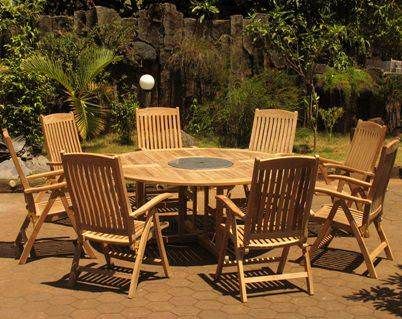1 8m Teak Circular Fixed Table With Granite Lazy Susan And 8 Harrogate Recliners Sustainable Furniture 1 8m Teak Circular Fixed Table With, Round Patio Table With Lazy Susan