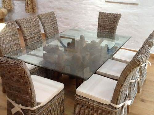 Rectangular Teak Root Glass Topped, Glass Dining Table With Wicker Chairs