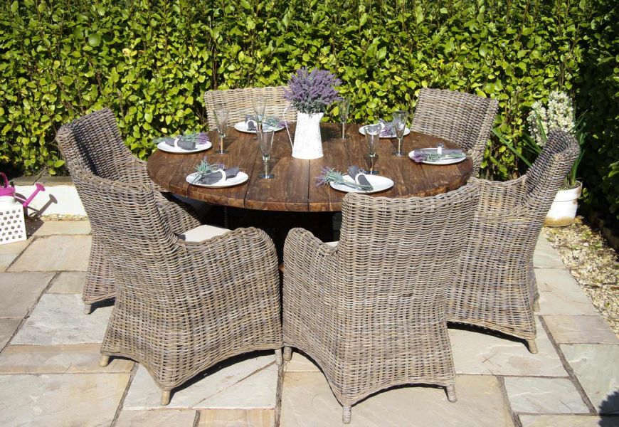 1 5m Dartmouth Reclaimed Teak Circular Garden Table With 6 Donna Armchairs Sustainable Furniture 1 5m Dartmouth Reclaimed Teak Circular, Dartmouth Patio Furniture