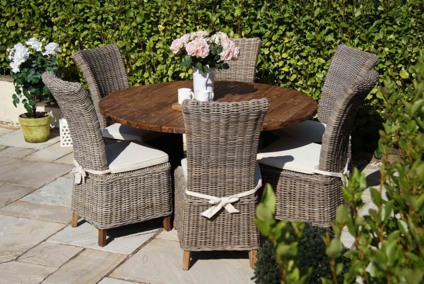 1 5m Dartmouth Reclaimed Teak Circular Garden Table With 6 Latifa Chairs Sustainable Furniture 1 5m Dartmouth Reclaimed Teak Circular, Dartmouth Patio Furniture