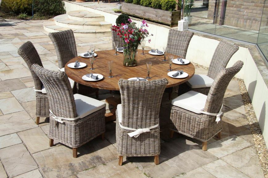 1 8m Dartmouth Reclaimed Teak Circular Garden Table With 8 Latifa Chairs Sustainable Furniture 1 8m Dartmouth Reclaimed Teak Circular, Dartmouth Patio Furniture