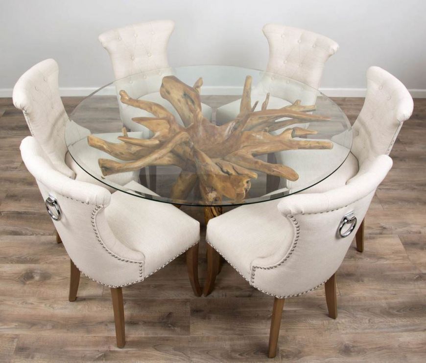 1 5m Reclaimed Teak Root Circular Dining Table With 6 Natural Windsor Ring Back Chairs Sustainable Furniture Natural Windsor Ring Back Dining Chairs, Circular Dining Table With 6 Chairs