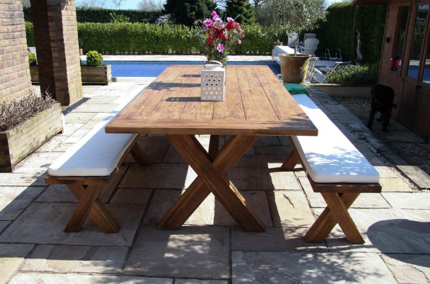3m Reclaimed Teak Cross Leg Outdoor Dining Table With 2 Backless Benches Sustainable Furniture