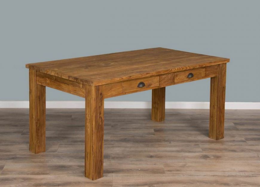 Rustic Reclaimed Teak Dining Table with Drawers Sustainable Furniture