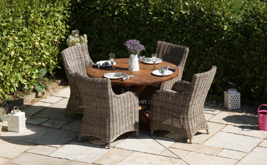 1 2m Dartmouth Reclaimed Teak Circular Garden Table With 4 Donna Armchairs Sustainable Furniture 1 2m Dartmouth Reclaimed Teak Circular, Dartmouth Patio Furniture