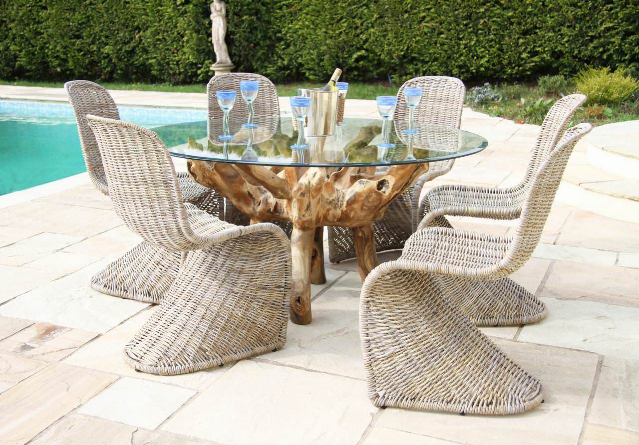 Teak root deals glass dining table