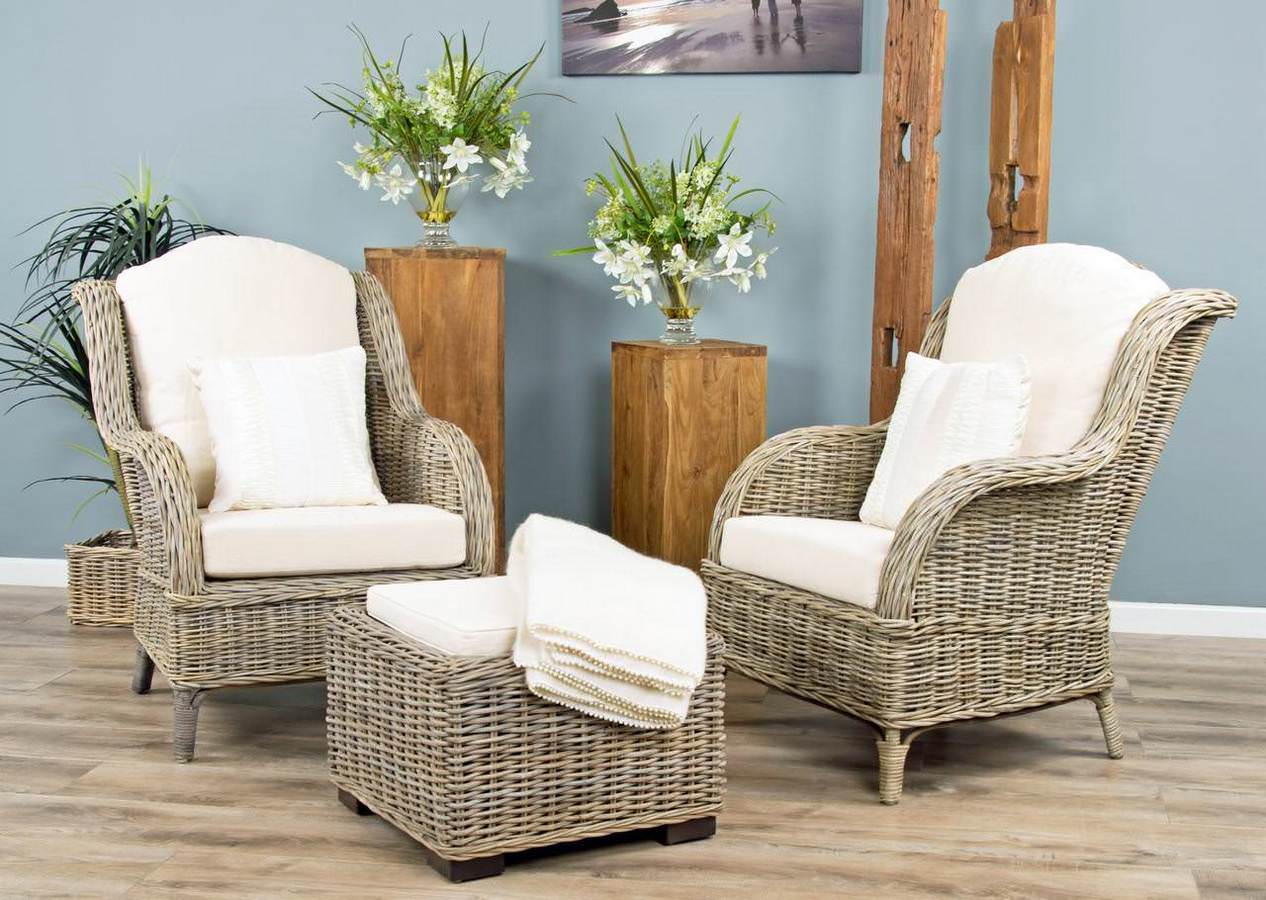 Rattan chair shop and footstool set
