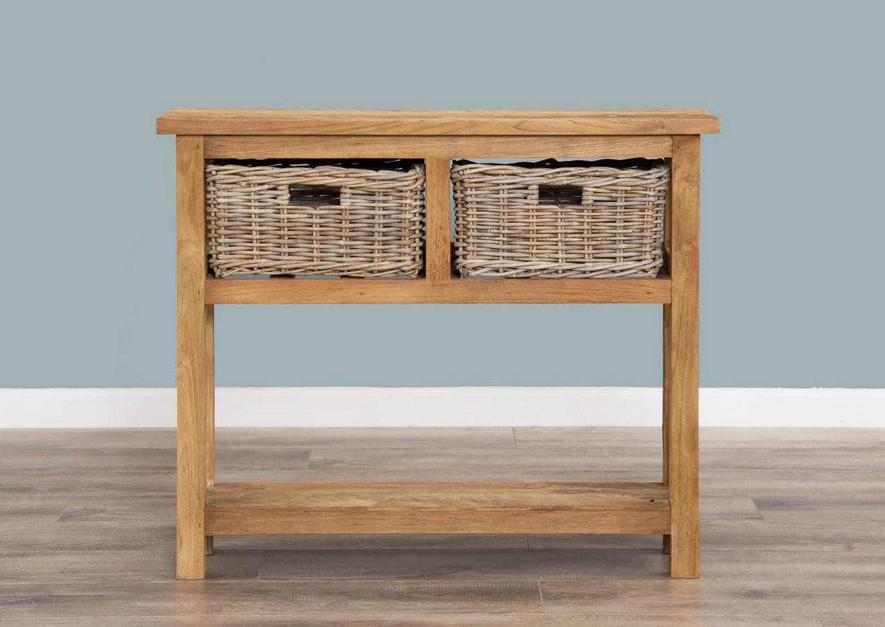 Reclaimed Teak 2 Drawer Hall Table with Shelf plus 2 Kubu Grey Natural Wicker Baskets