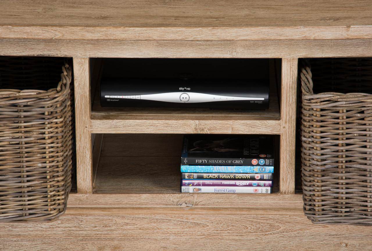 Reclaimed Teak TV with Kubu Wicker Draws White Wash Sustainable Furniture