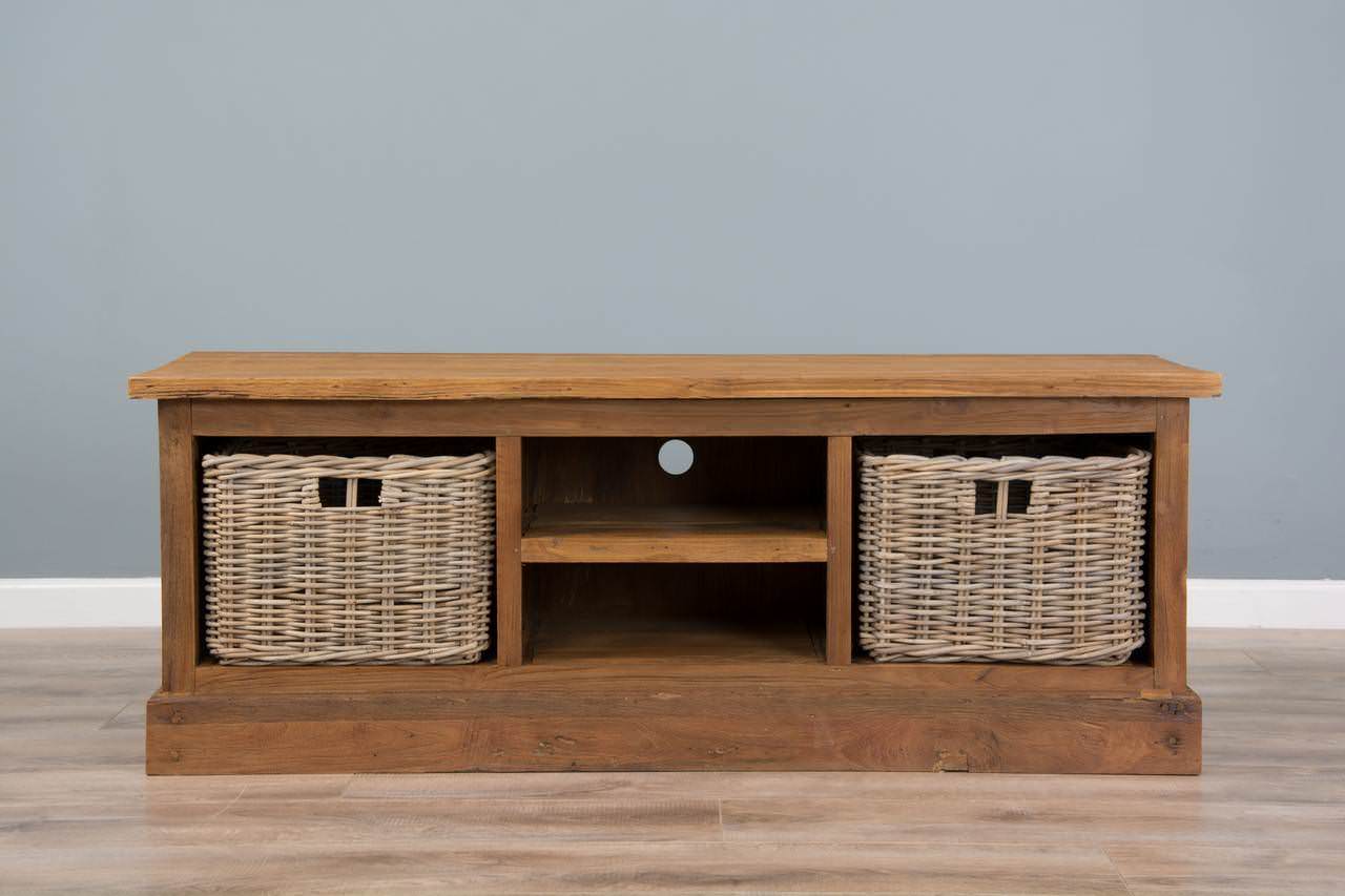Reclaimed Teak TV Cabinet with Kubu Wicker Draws Sustainable