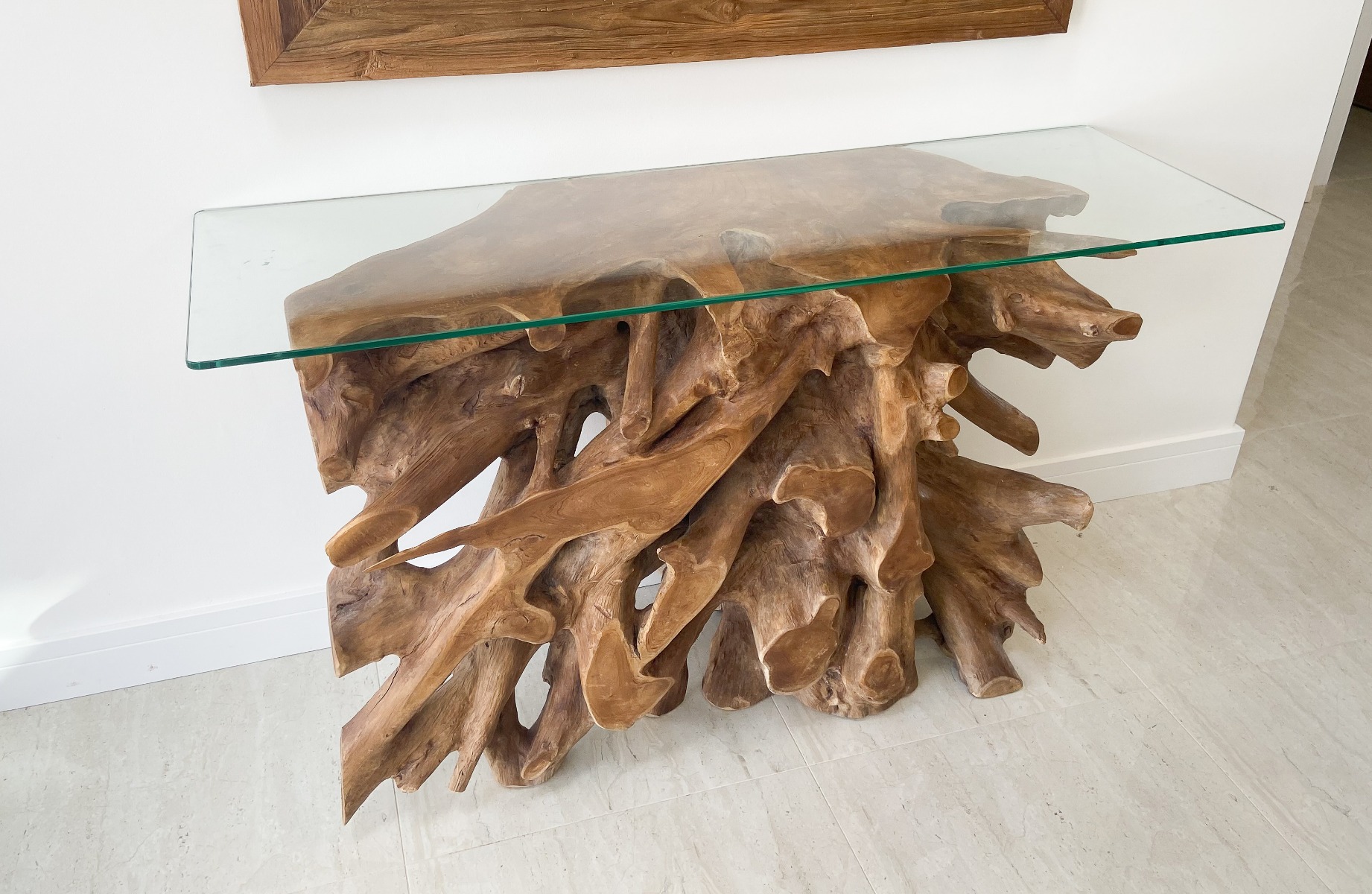 Teak root side outlet table