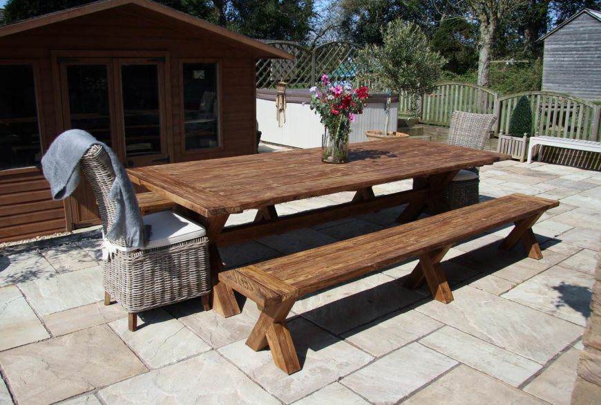 3m Reclaimed Teak Cross Leg Outdoor Dining Table with 2 Backless