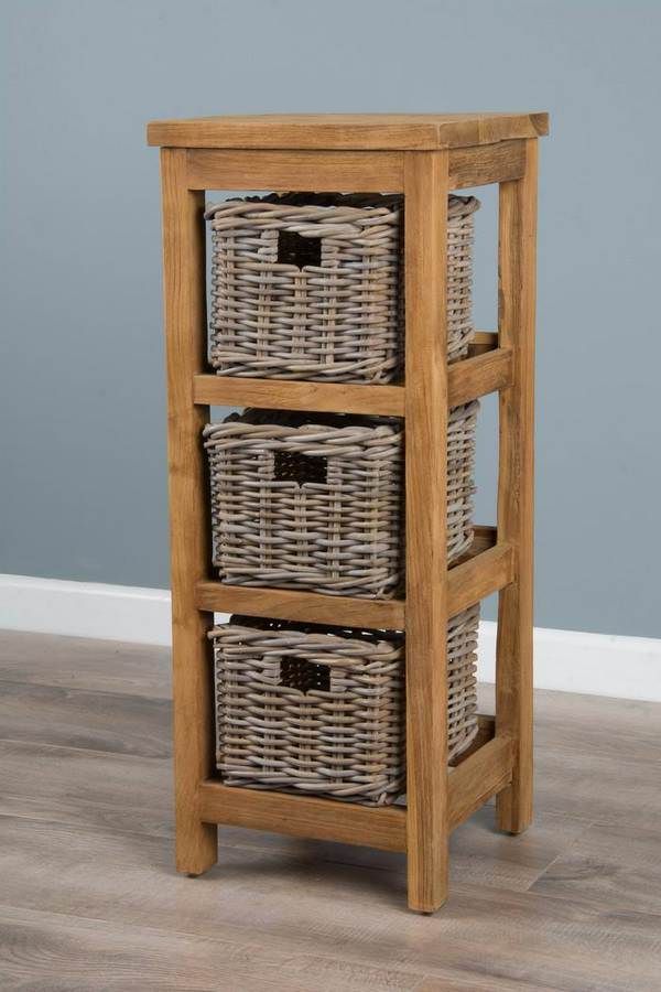 Reclaimed Teak Storage Unit with 3 Natural Wicker Baskets Sustainable